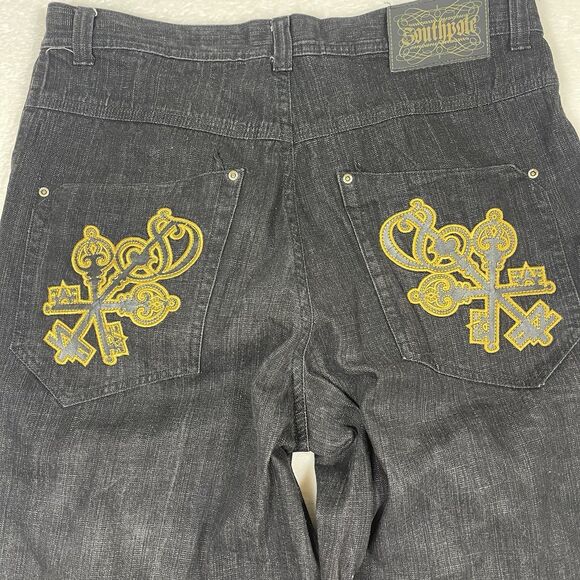 Vintage Southpole Jean Shorts 40 Black Jorts Embroidery Baggy Wide y2k Mens - Picture 5 of 10